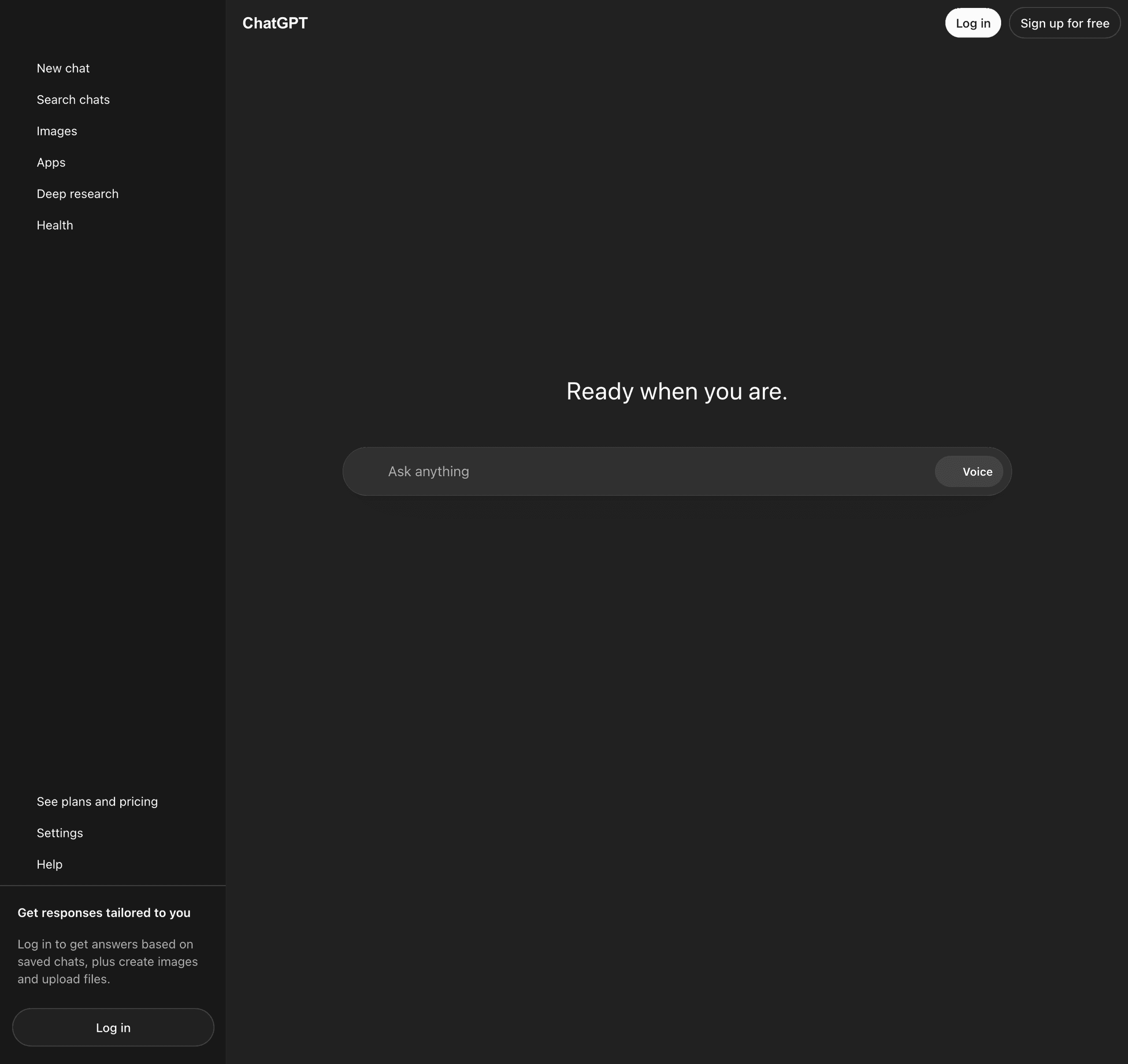 ChatGPT home screen on free tier without login