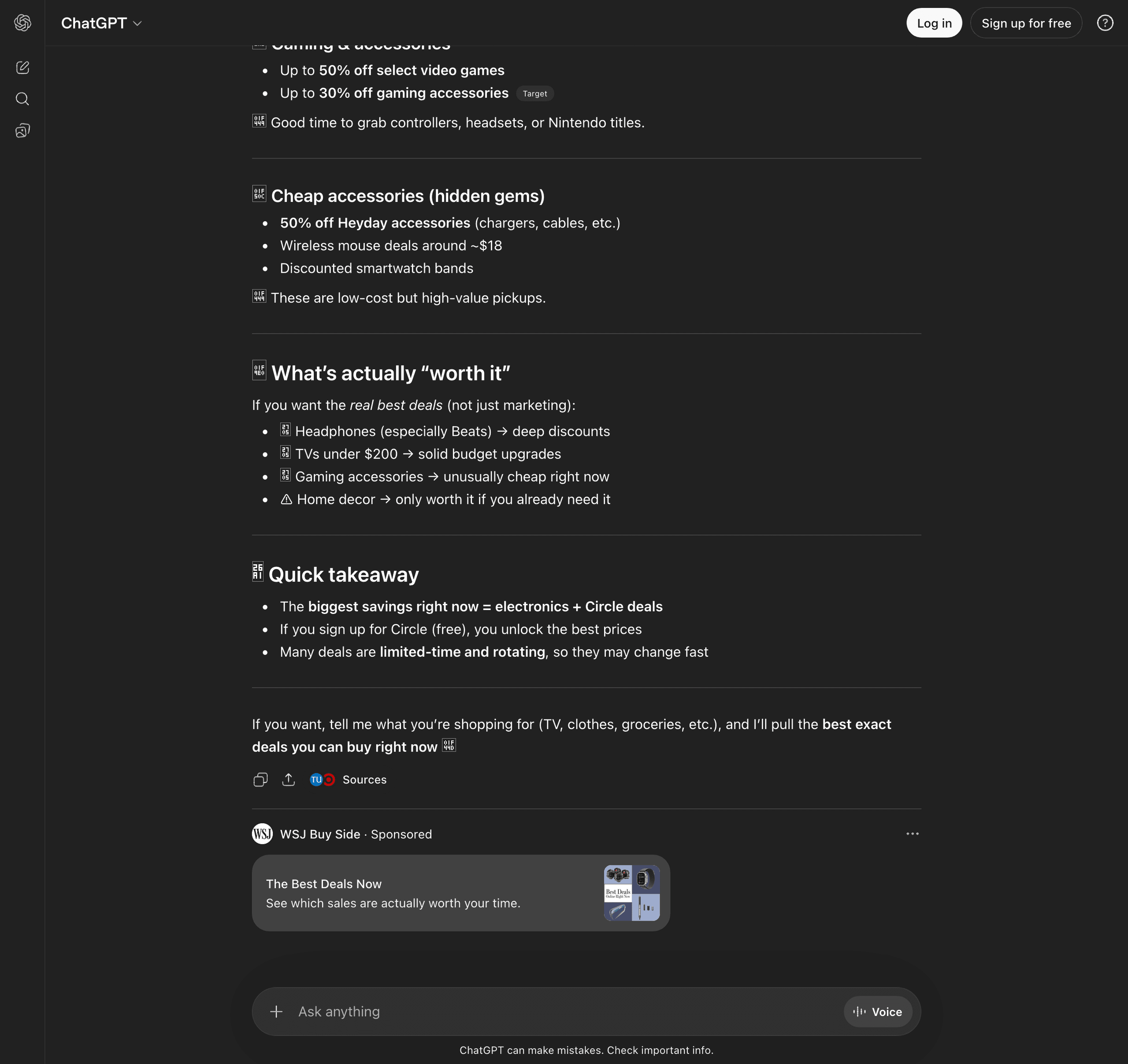 Full ChatGPT response showing the complete answer with WSJ Buy Side ad at the bottom