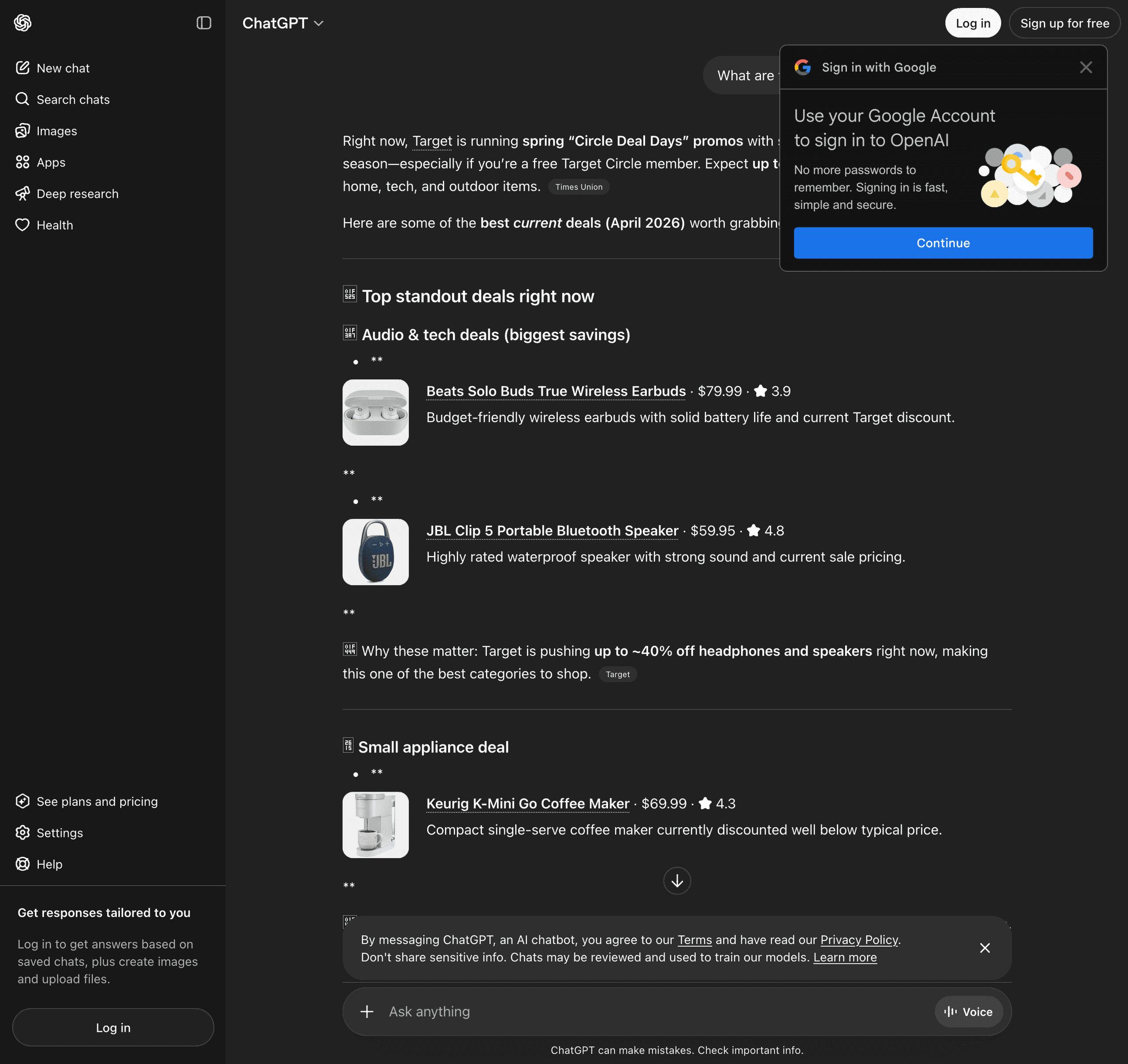 ChatGPT response showing organic product cards for Beats earbuds, JBL speaker, and Keurig coffee maker