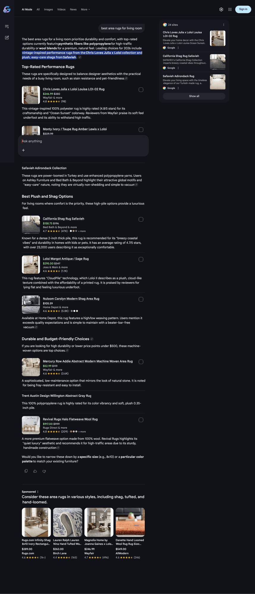 Full page Google AI Mode response for best area rugs showing organic product cards and Sponsored ad carousel at bottom