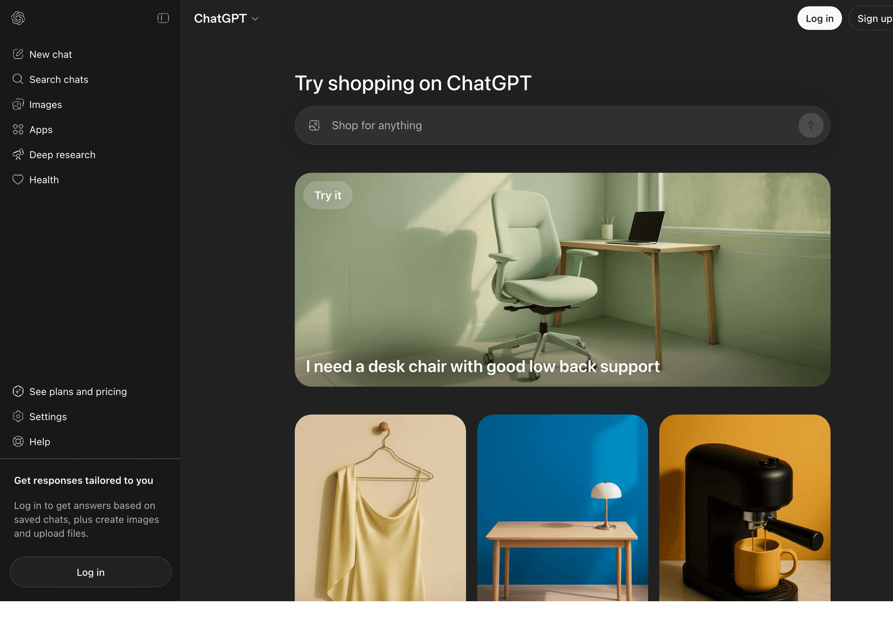 ChatGPT shopping page landing screen