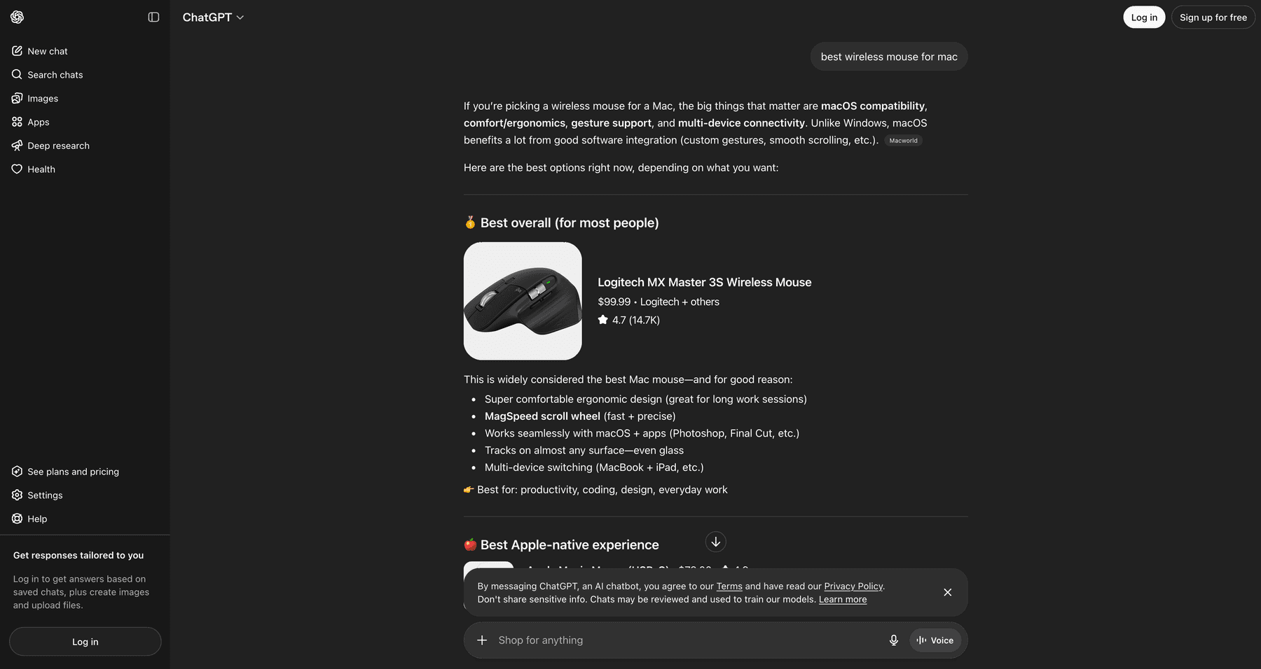 ChatGPT shopping page response with product card for wireless mouse query