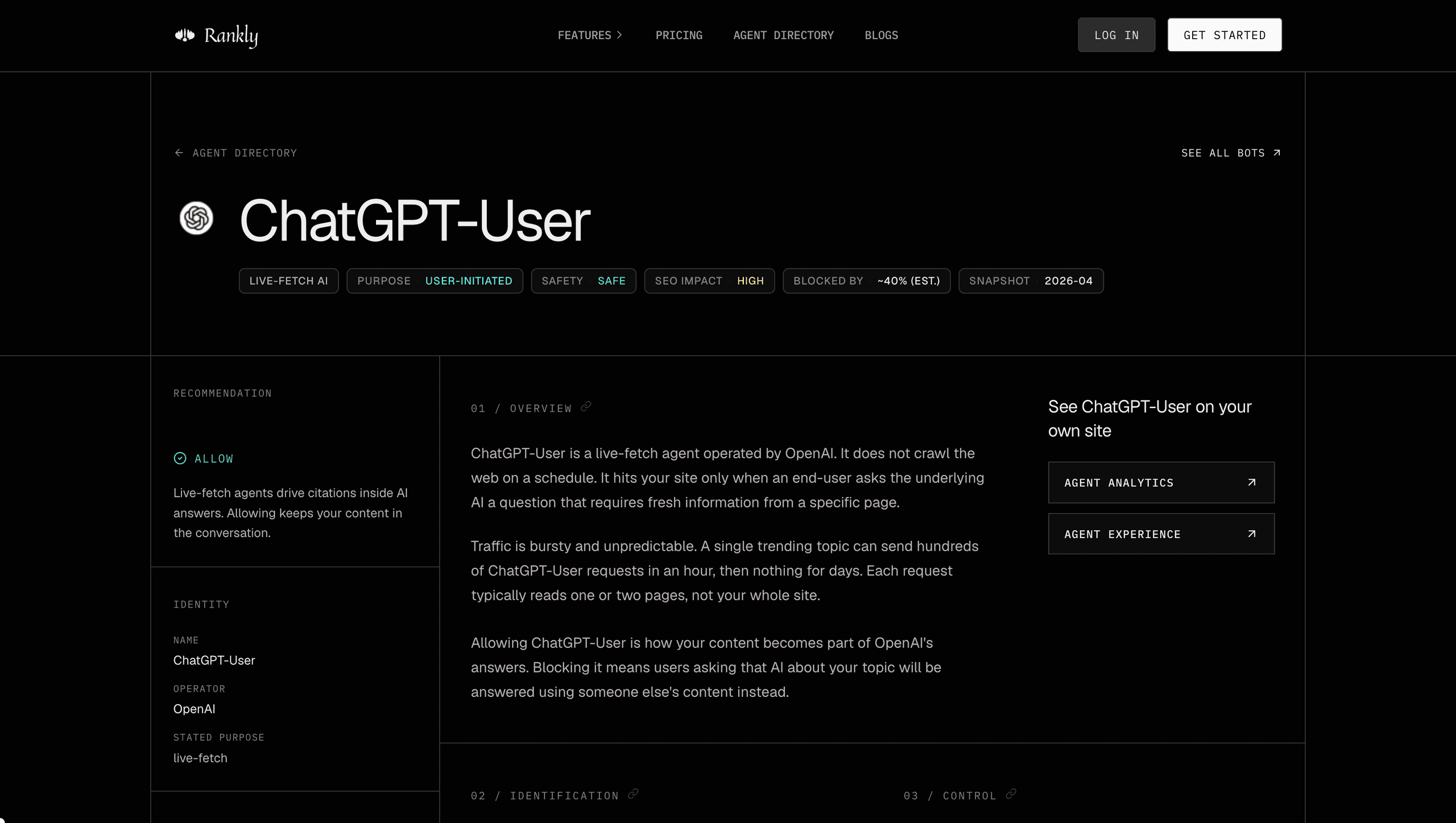 ChatGPT-User detail page showing hero chips (type, purpose, safety, SEO impact, block rate, snapshot), sidebar Recommendation block with the Allow verdict, Identity block, Overview prose, and the Agent Analytics and Agent Experience CTA card.