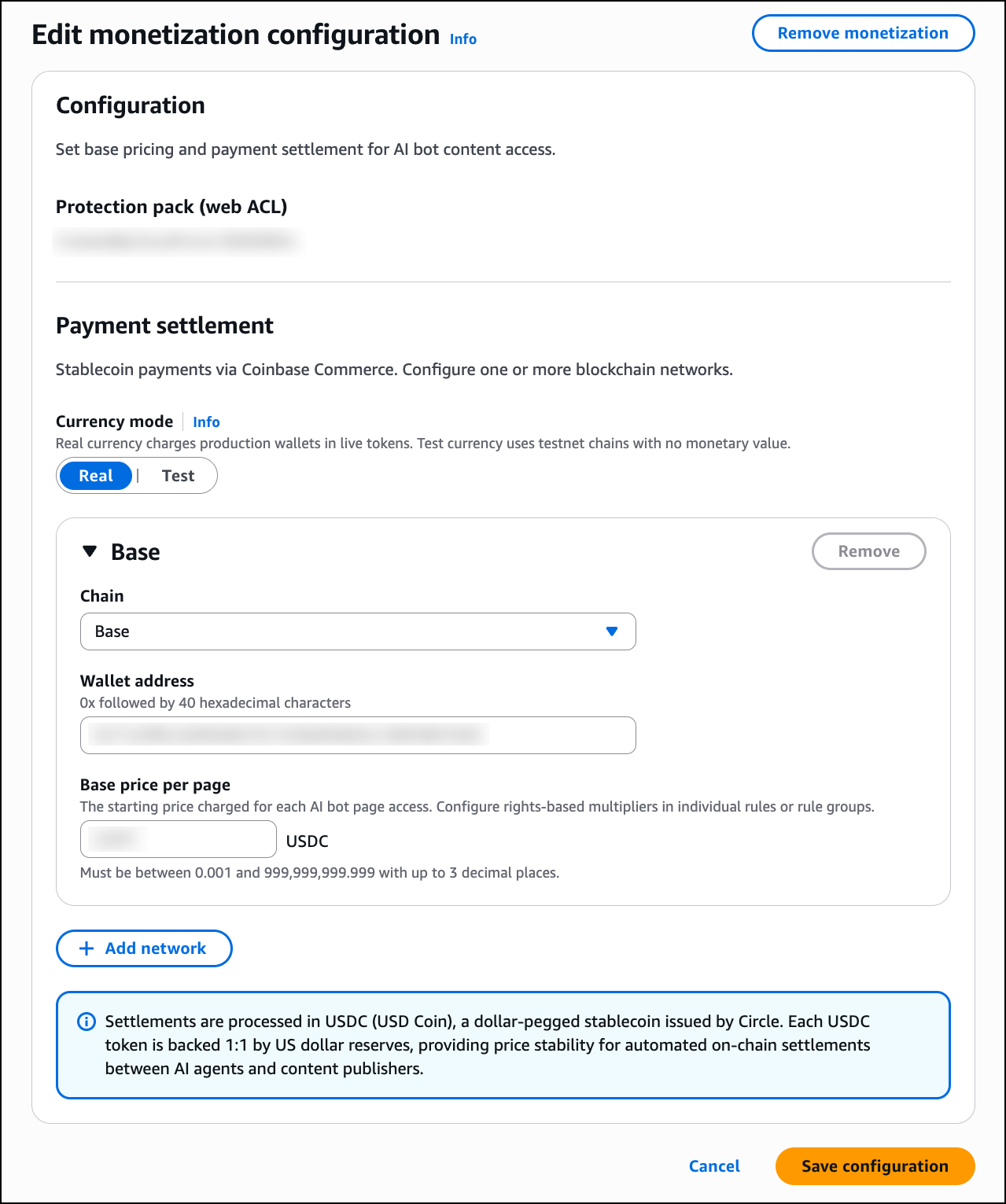 AWS WAF's Edit monetization configuration screen: payment settlement via Coinbase Commerce, stablecoin payments in USDC, a wallet address field, and a base price per page, with a note that payments are processed in USDC backed one to one by US dollar reserves.
