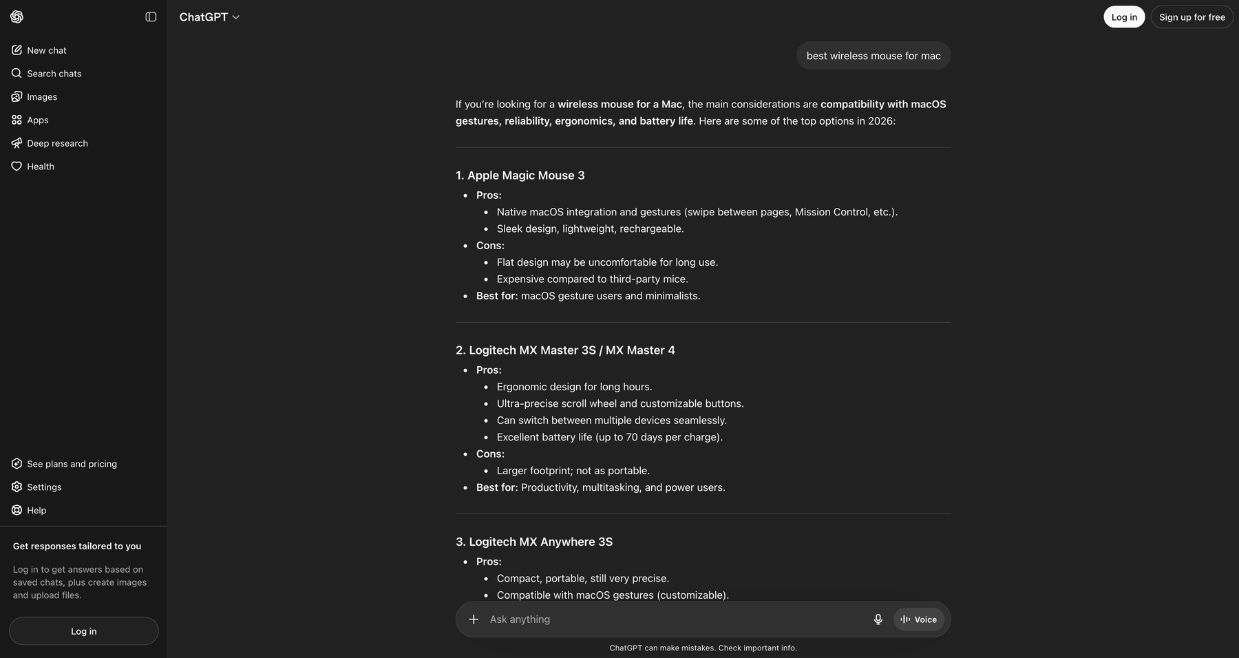 Regular ChatGPT response showing text only for the same wireless mouse query