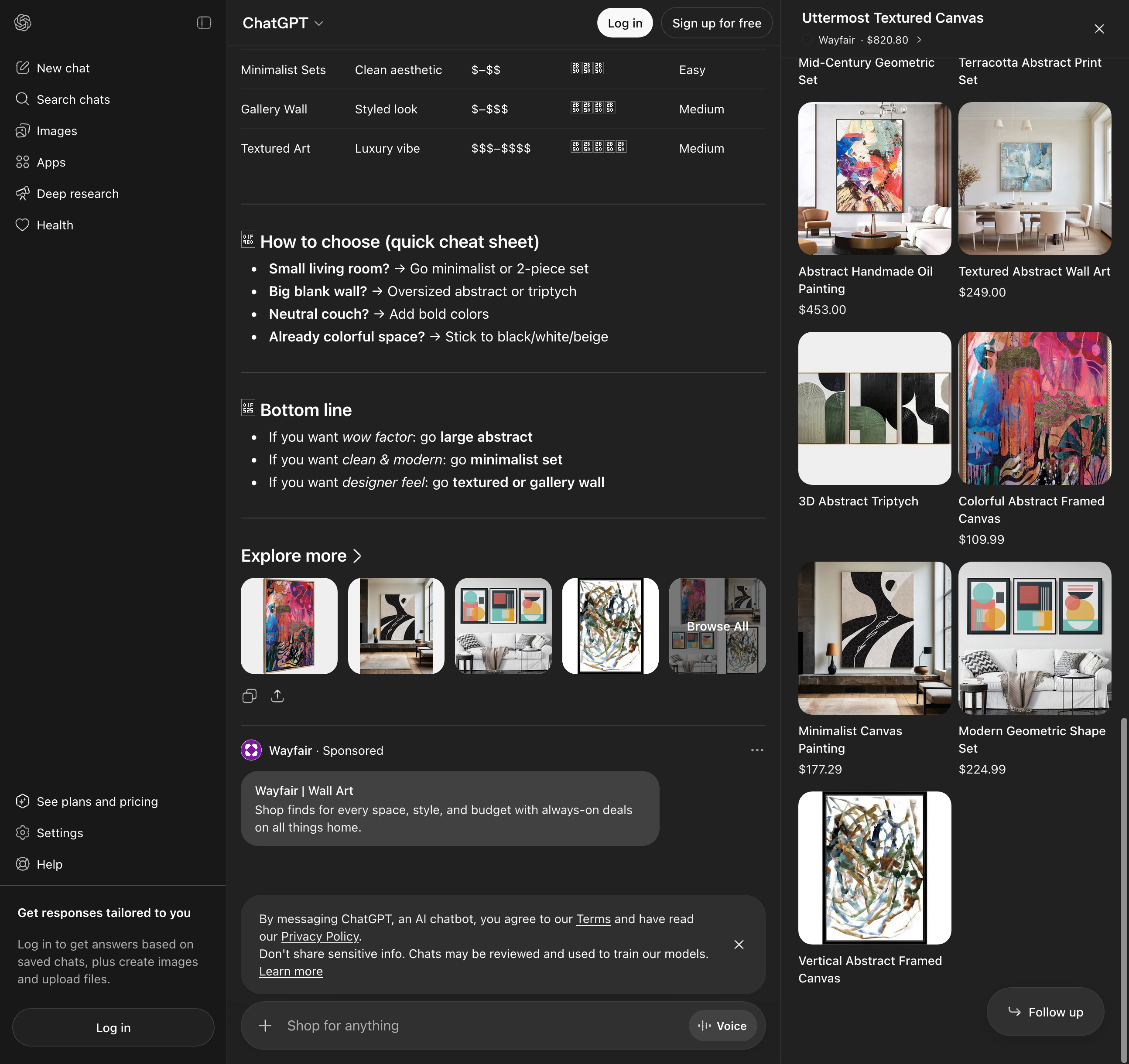 Wayfair sponsored ad on ChatGPT shopping page for wall art query showing full AI response with comparison table and sponsored card at bottom