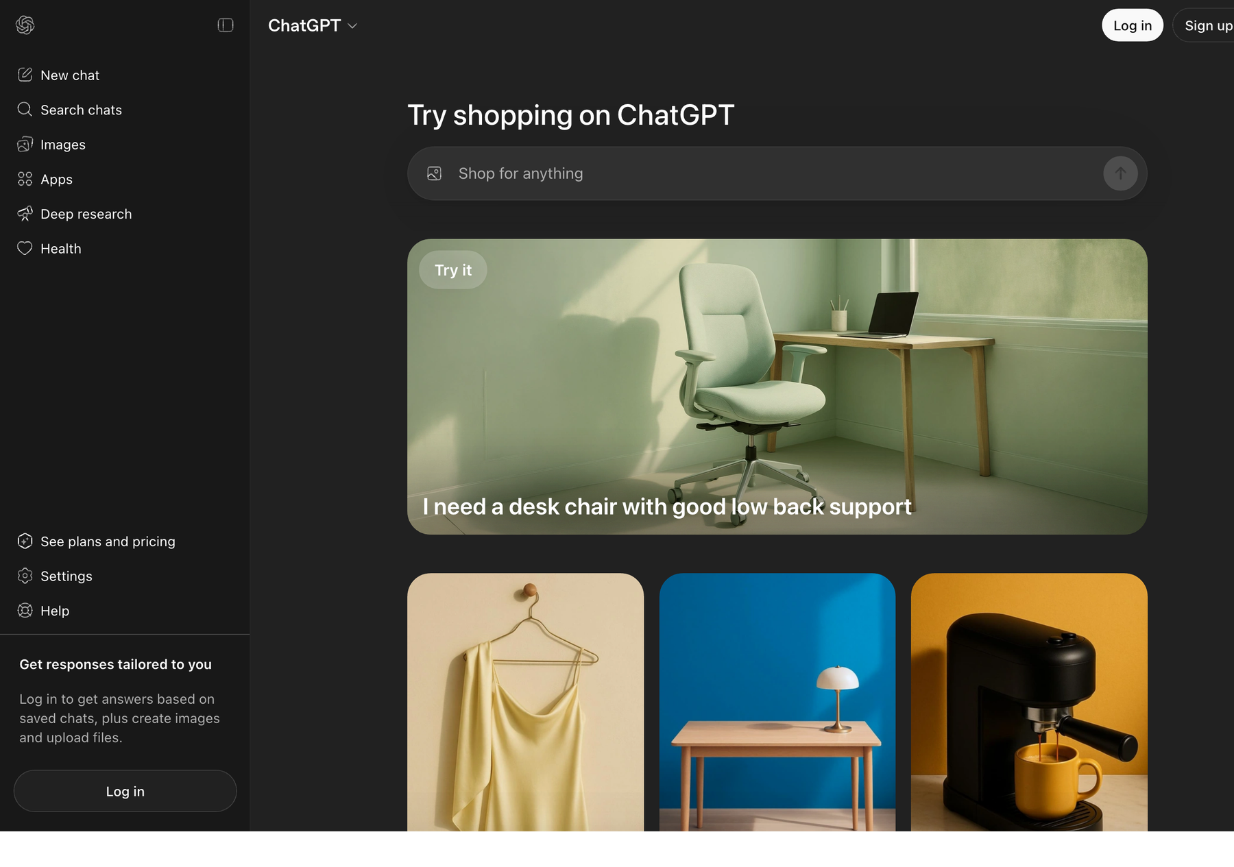 ChatGPT shopping page landing screen
