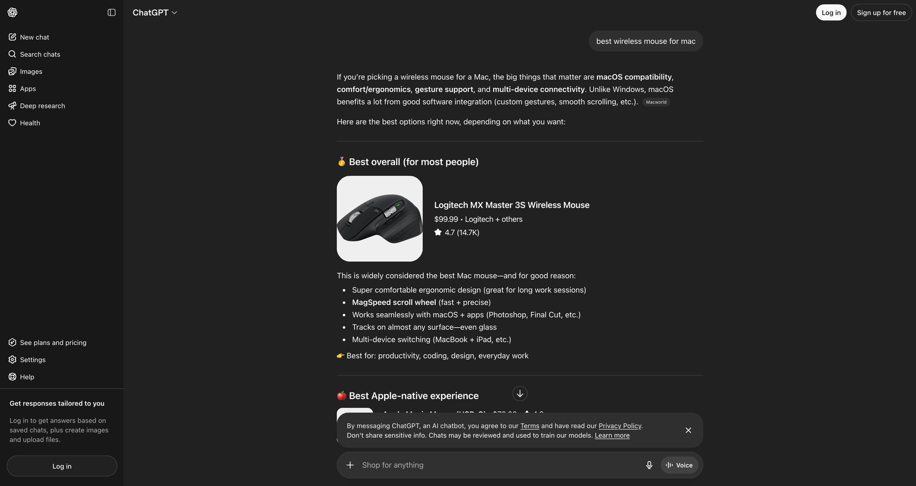 ChatGPT shopping page response with product card for wireless mouse query