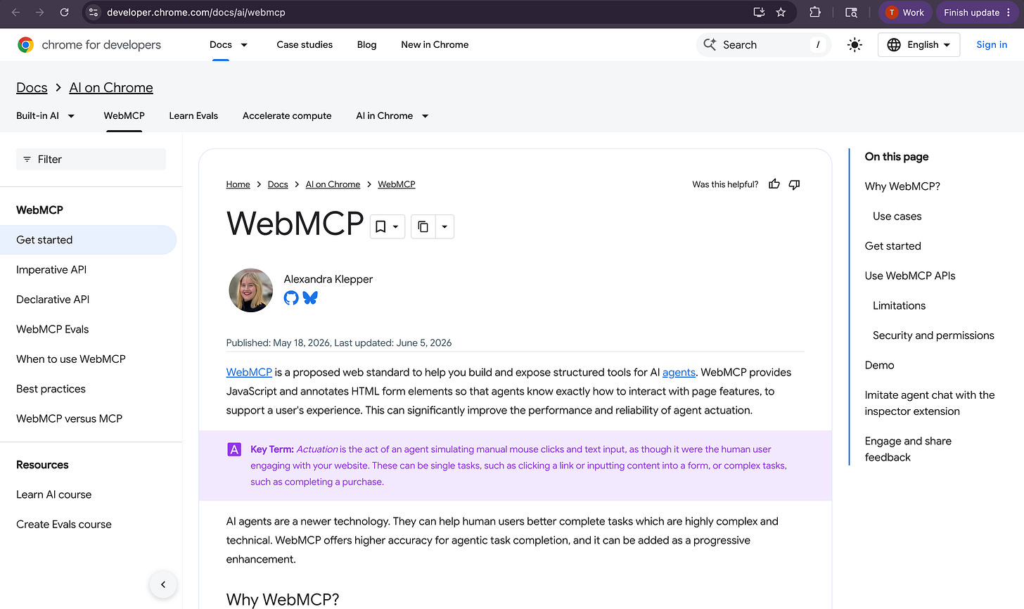 WebMCP browser tool exposure illustrated for an in-browser agent in Chrome 149